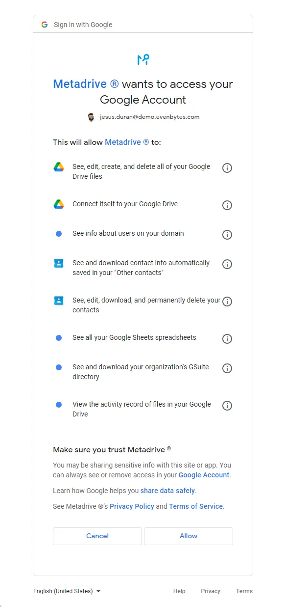 Captura de Metadrive: ¿Por qué Metadrive pide estos permisos?