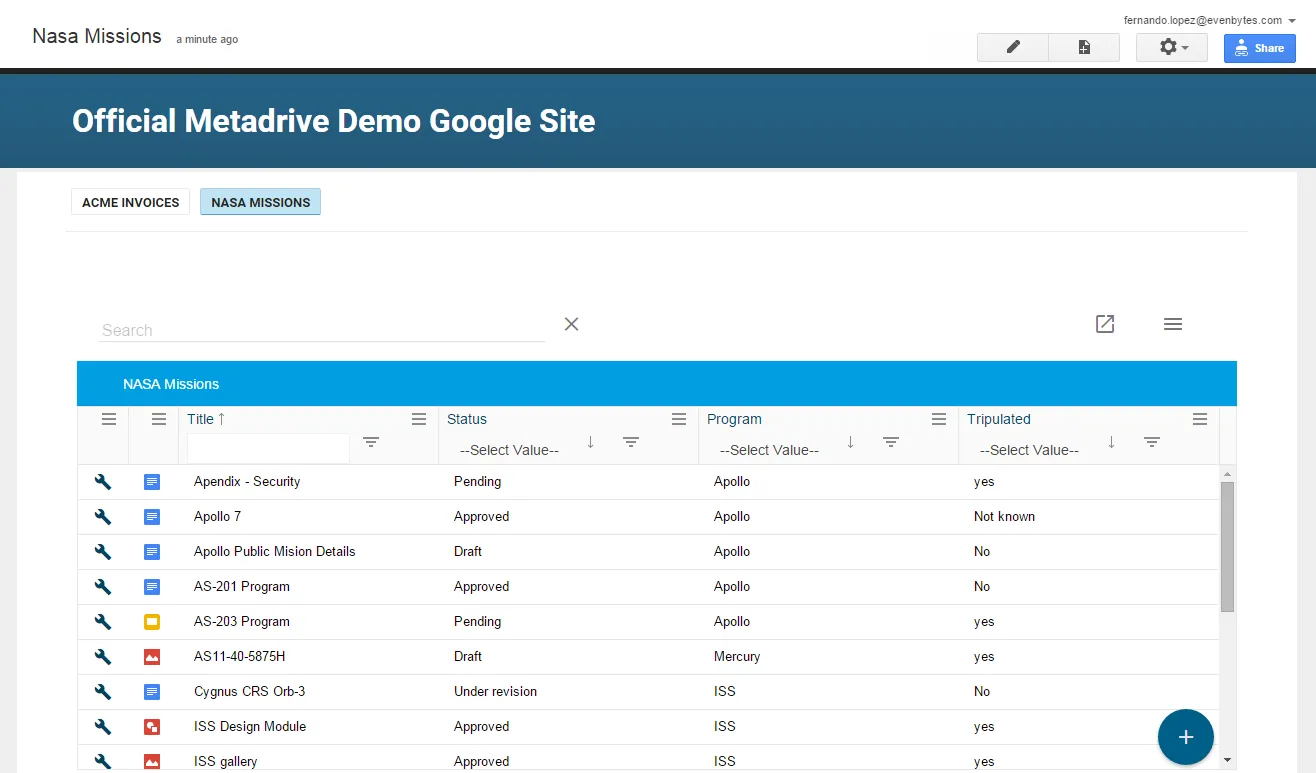 Captura de Metadrive: Integrar Metadrive en páginas de Google Sites