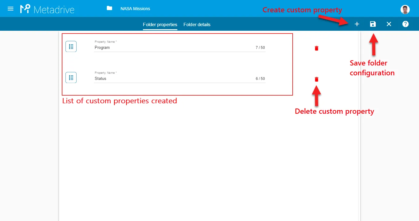 Captura de Metadrive: Propiedades de la Team Drive / carpeta (solo propietarios y gestores)