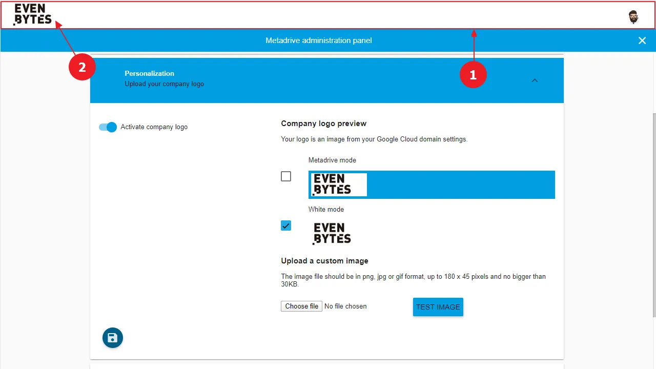 Captura de Metadrive: Ajustes de administrador de Metadrive