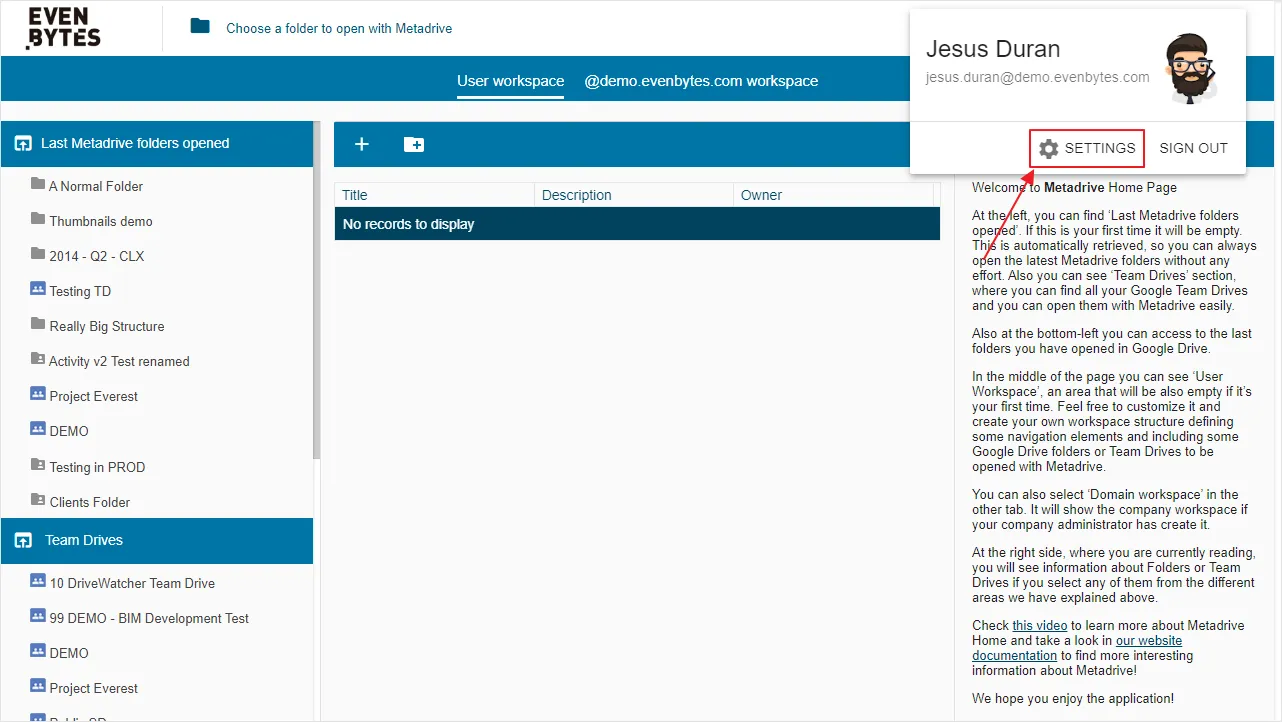 Captura de Metadrive: Ajustes de administrador de Metadrive